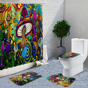 Designer Psychedelic Mushroom Art Rugs Hippie Decoration Bathroom Sets 4 pcs with Cartoon print  Shower Curtain Set 180x200