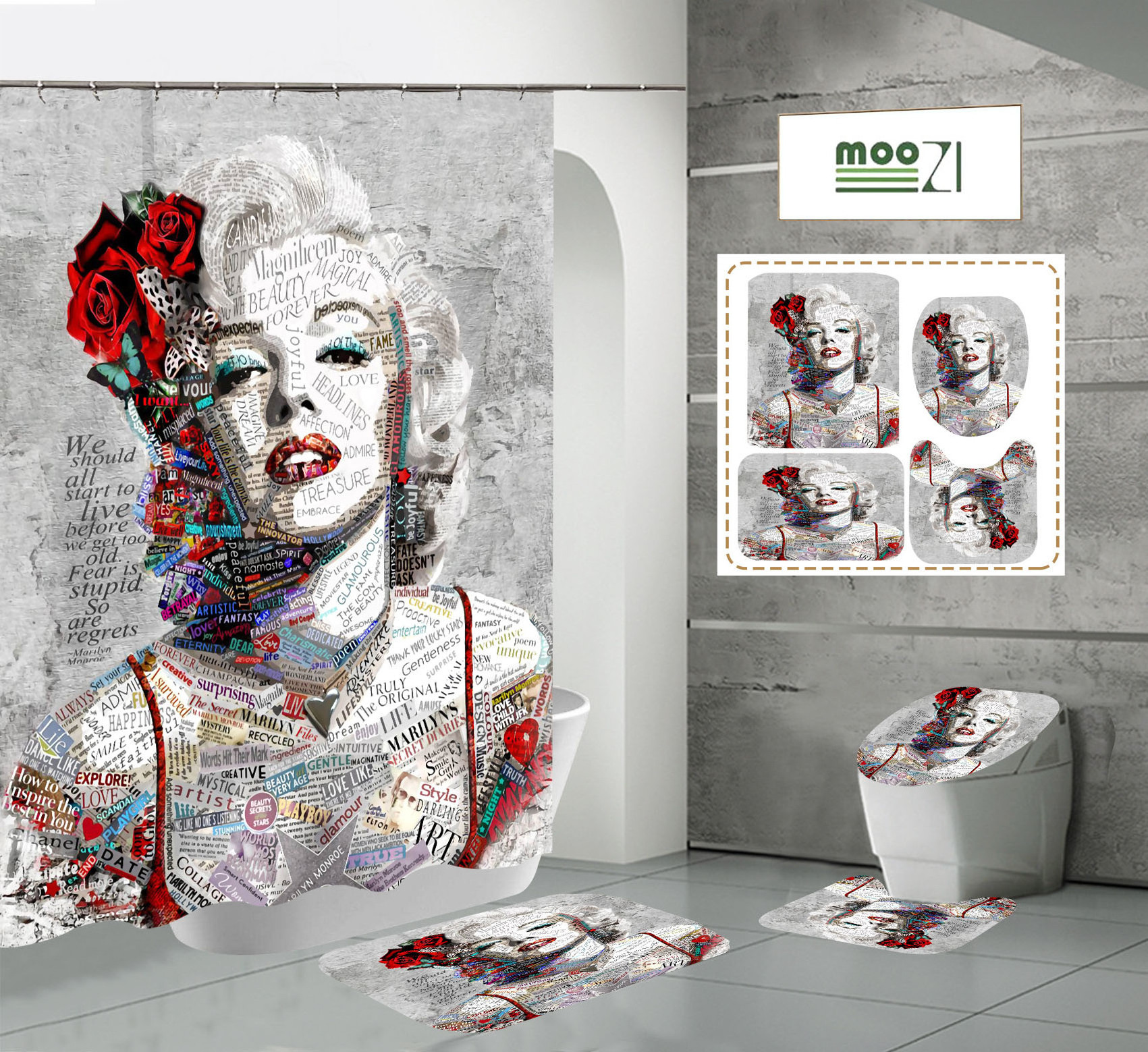 Marilyn Monroe Print Polyester Fabric Shower Curtain for Bathroom Waterproof Bathroom Shower Curtain and Rugs Set