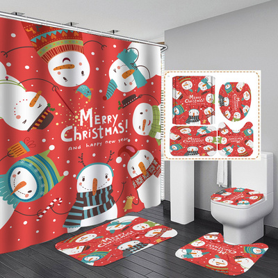 Waterproof Printing Polyester Christmas Snowman Bathroom Shower Curtain Set Gift with Bath Mat Toilet Lid Cover Bathroom Rug