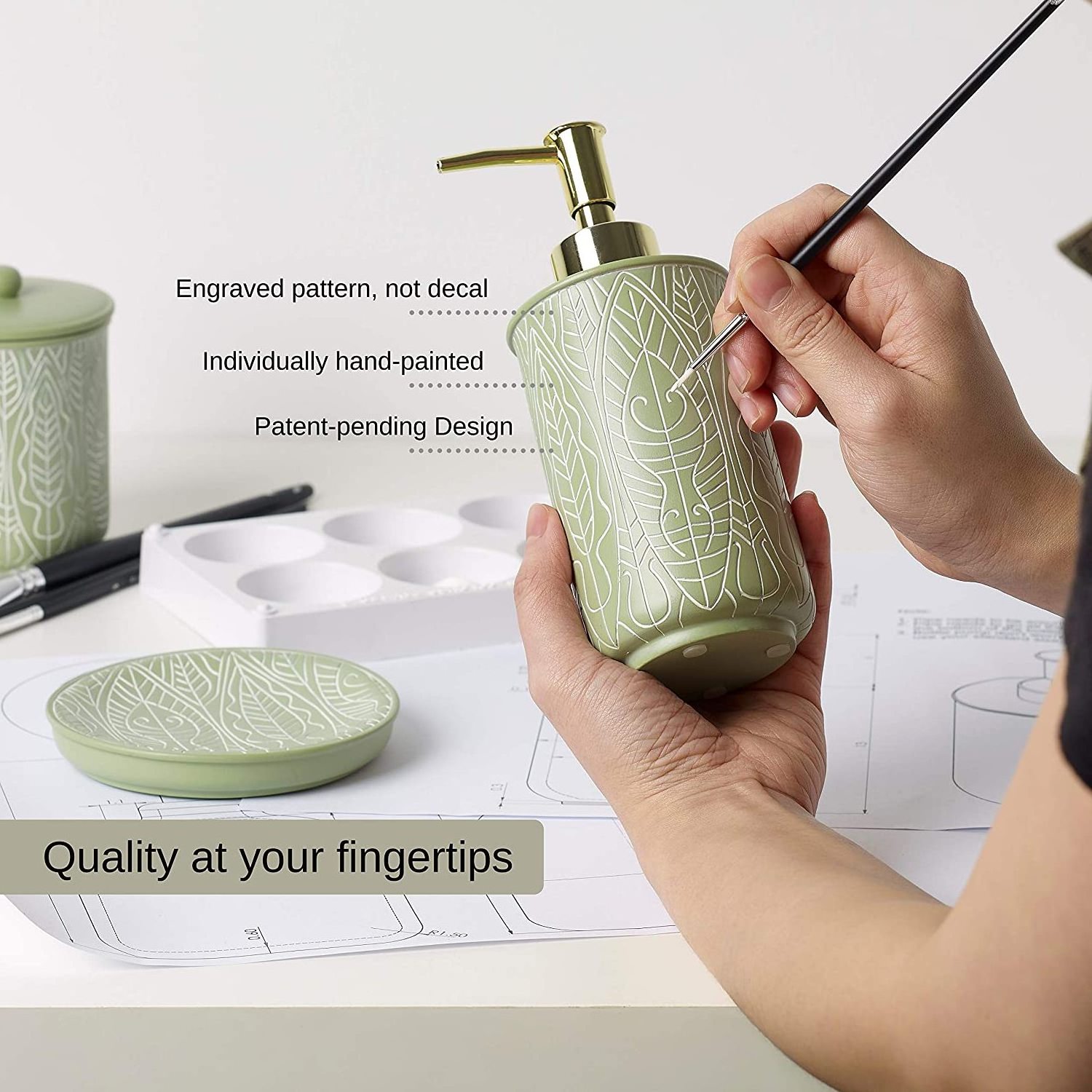 New Apartment Essentials hand painted engraved polyresin green soap dispenser set bathroom set