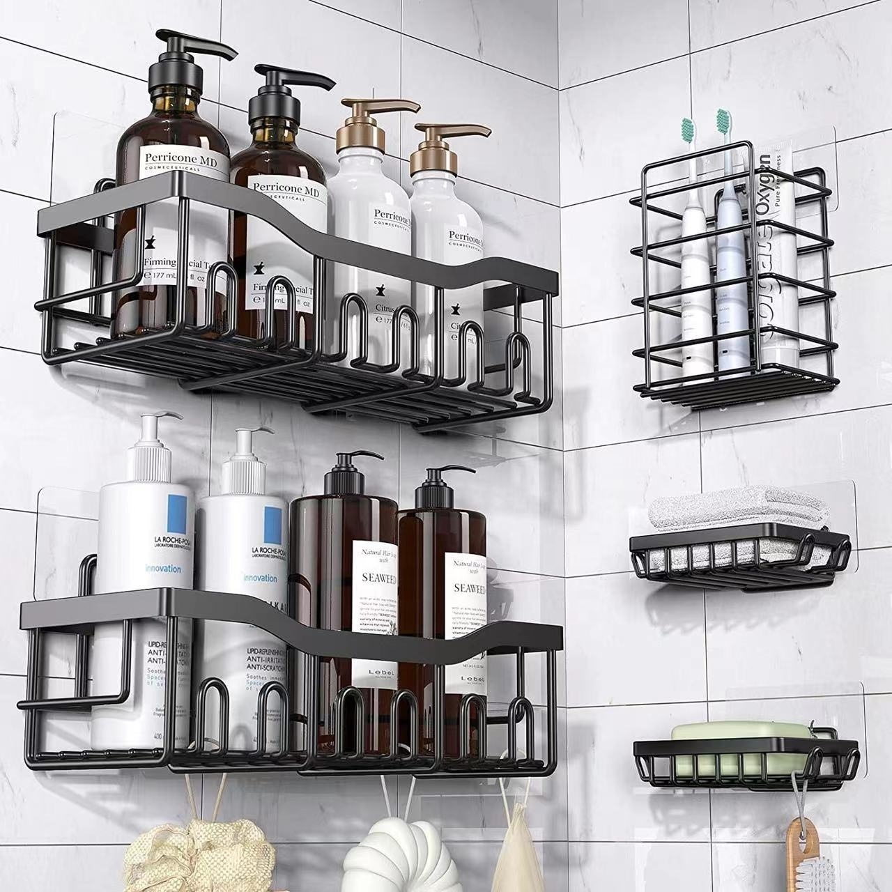 Metal Shower Caddy 5 Pack Adhesive Stones No Drilling Rustproof Stainless Steel Bathroom Organization Storage Rack Shower Shelf