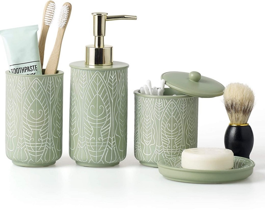 New Apartment Essentials hand painted engraved polyresin green soap dispenser set bathroom set