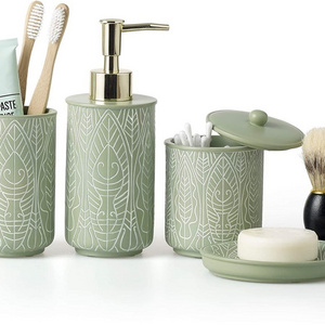 New Apartment Essentials hand painted engraved polyresin green soap dispenser set bathroom set