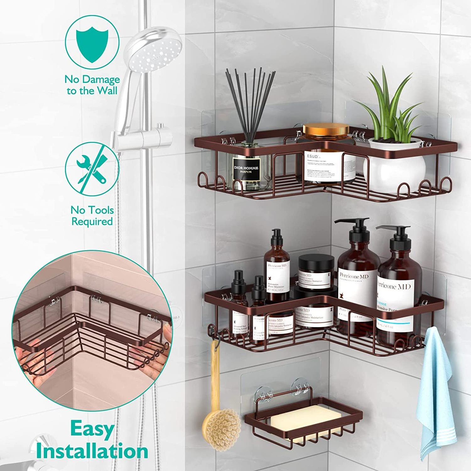 Corner Bathroom Shower Caddy Organizer Suction Bathroom Shower Shelf Soap Holder Shampoo Storage Holder for Bathroom