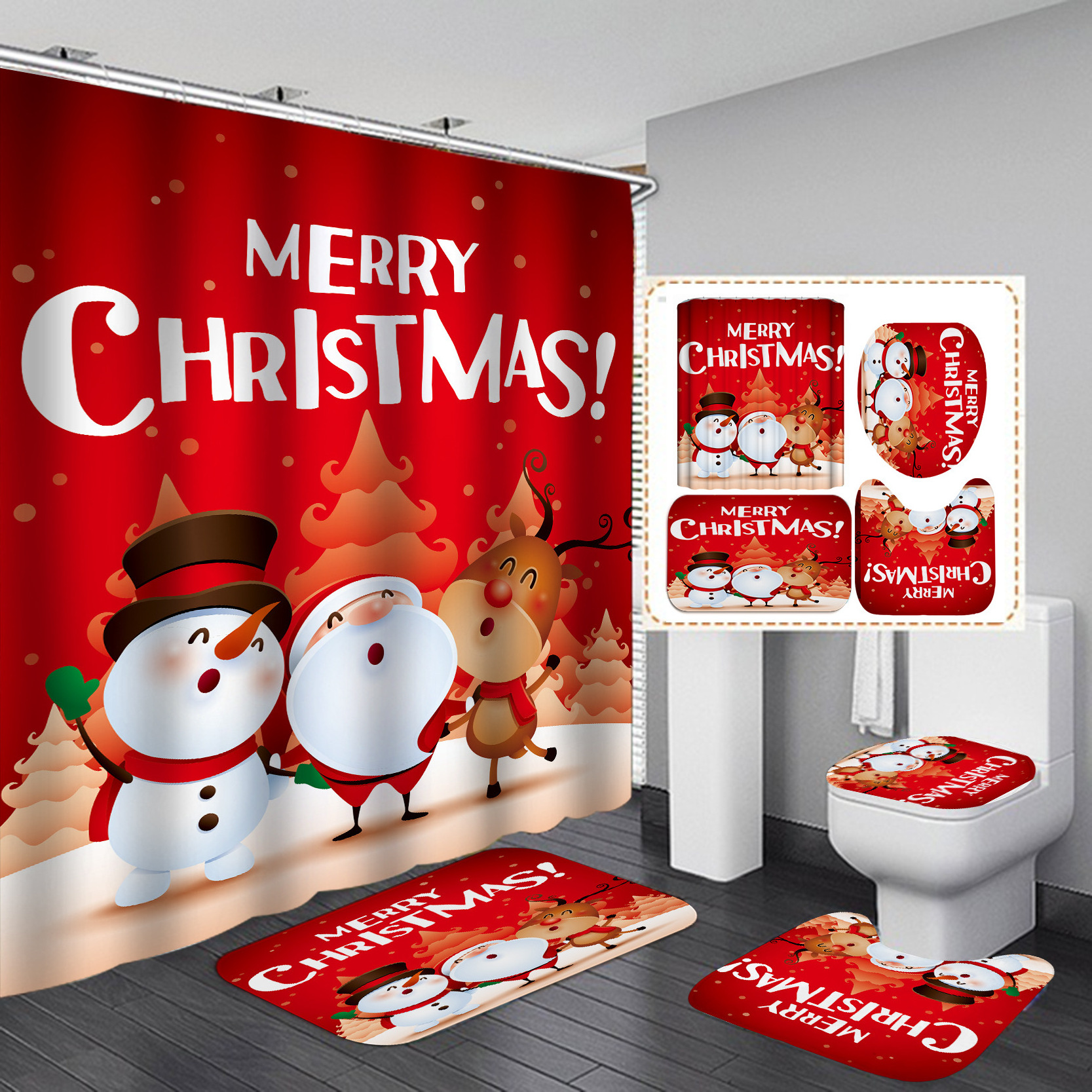 Waterproof Printing Polyester Christmas Snowman Bathroom Shower Curtain Set Gift with Bath Mat Toilet Lid Cover Bathroom Rug