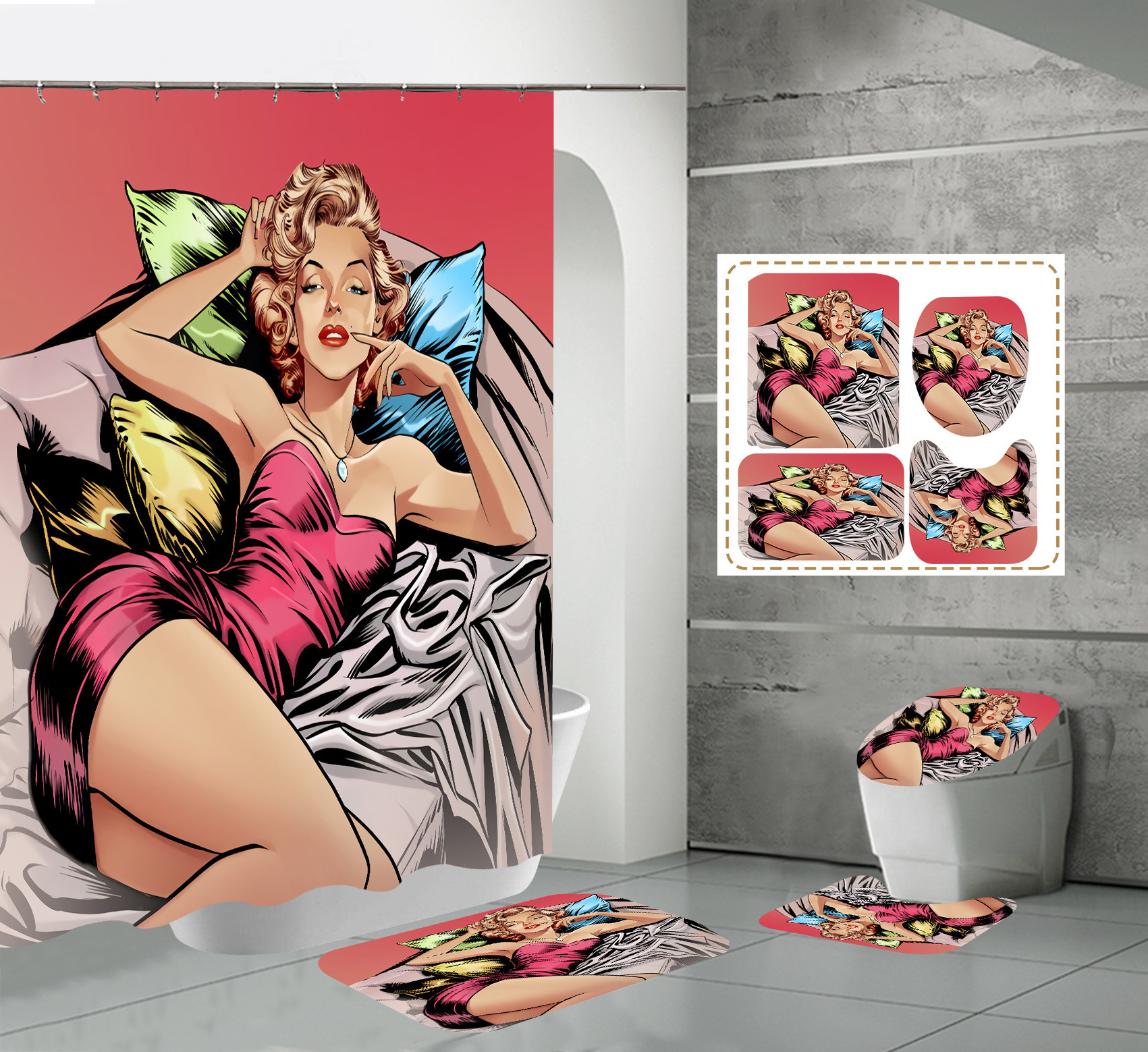 Marilyn Monroe Print Polyester Fabric Shower Curtain for Bathroom Waterproof Bathroom Shower Curtain and Rugs Set