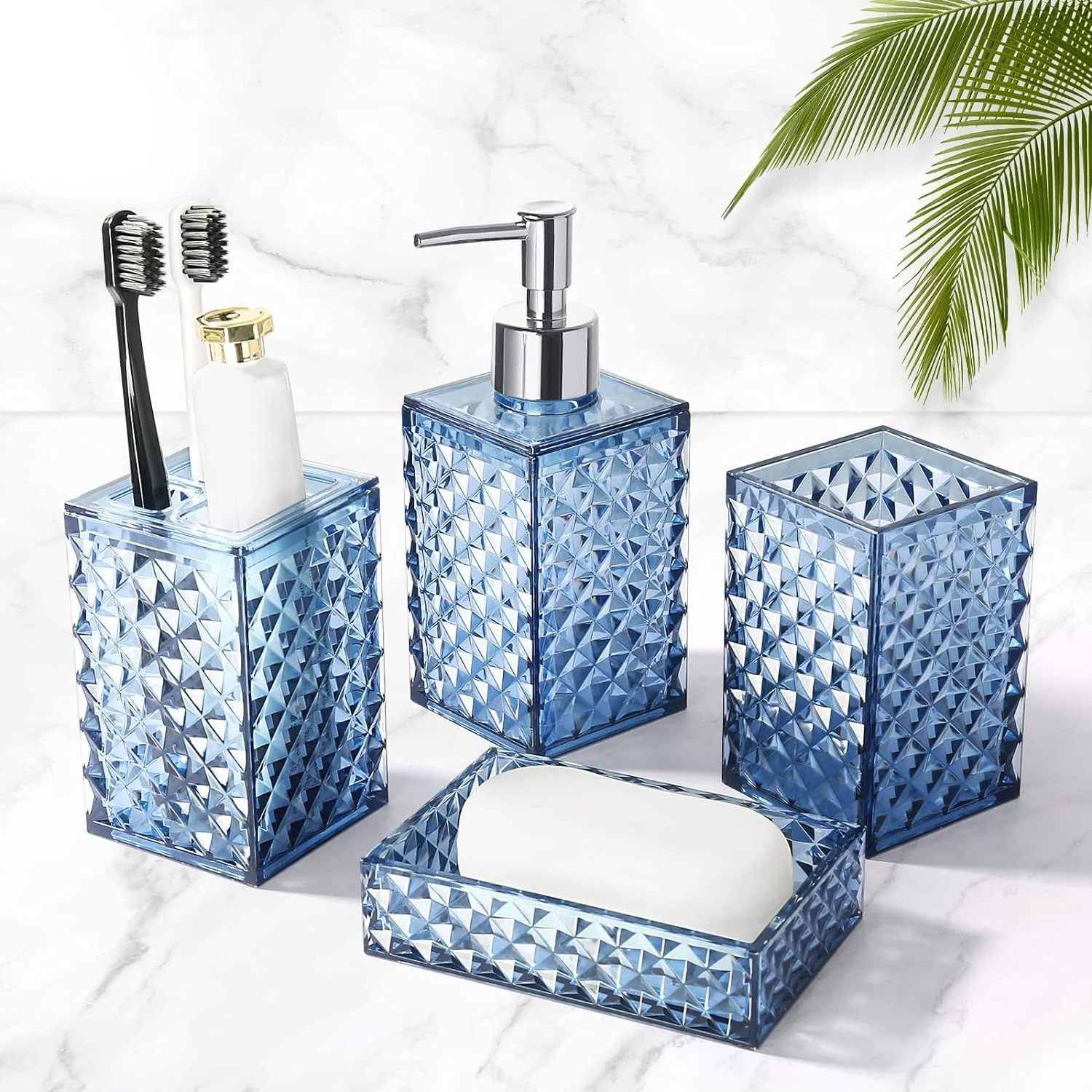 Stylish Acrylic Glass Blue Bathroom Accessories Set with 4 pc fiberglass Crystal Bathroom Accessories