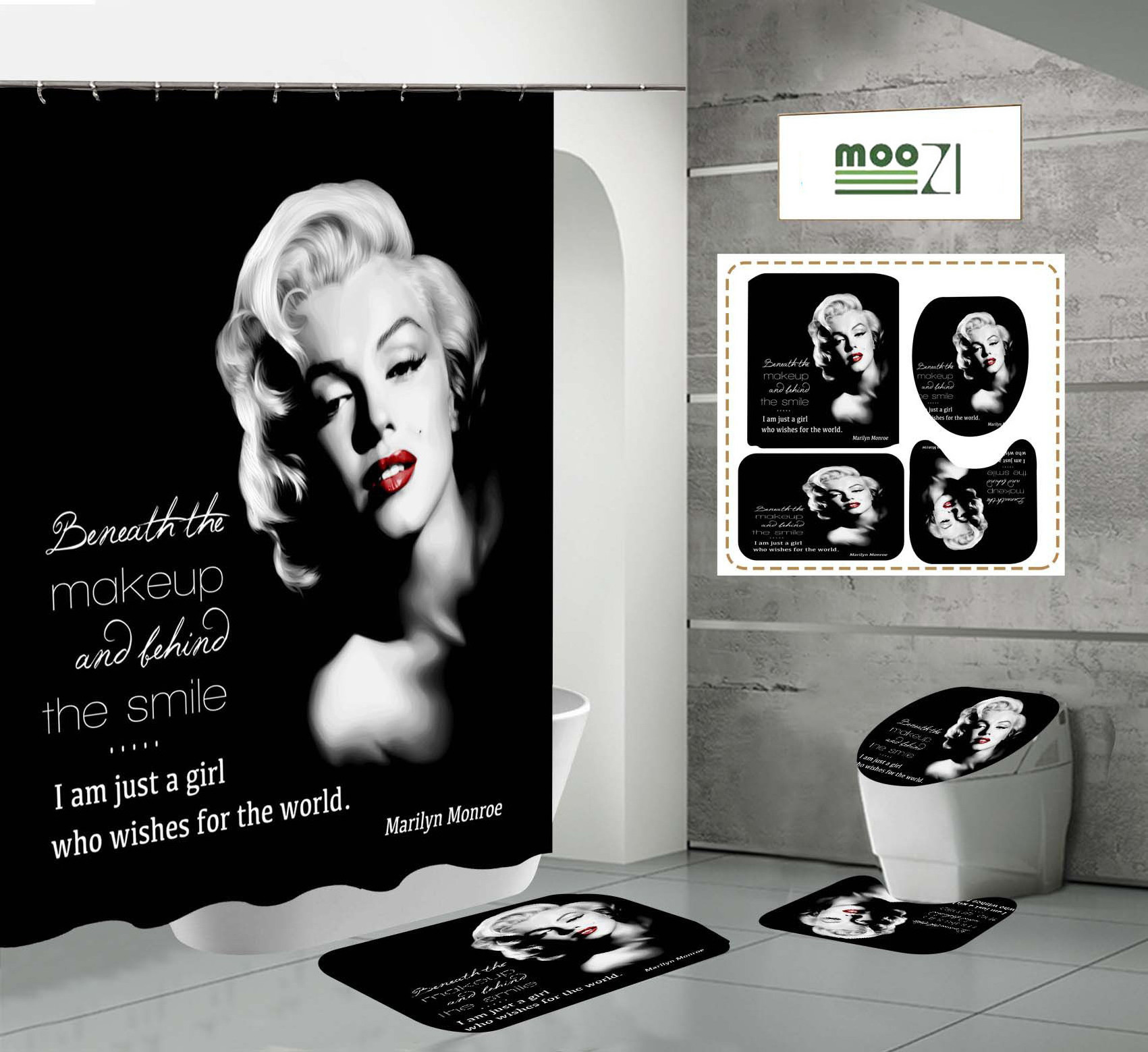 Marilyn Monroe Print Polyester Fabric Shower Curtain for Bathroom Waterproof Bathroom Shower Curtain and Rugs Set