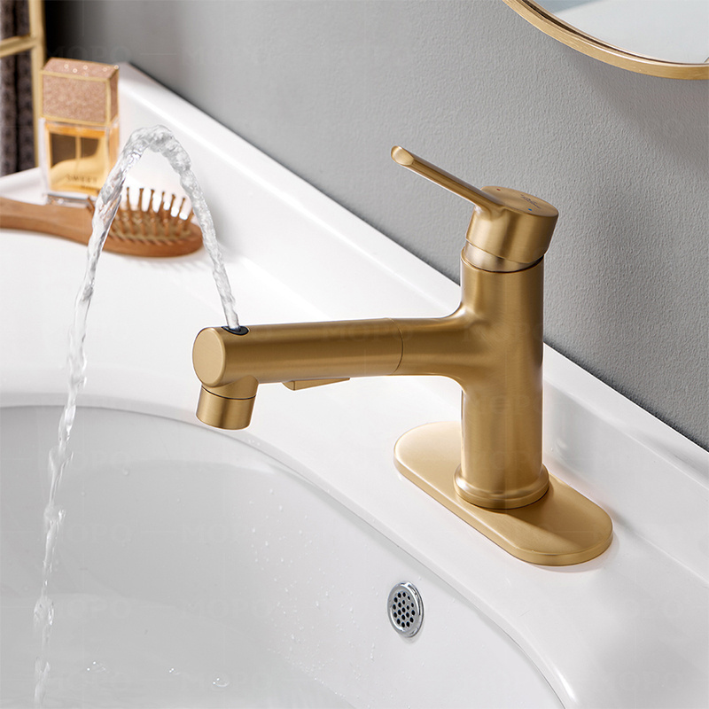 Brass Single Handle Golden Bathroom Sink Tap Wash Basin  Faucet Mixer Pull Out Bathroom Faucet With Sprayer