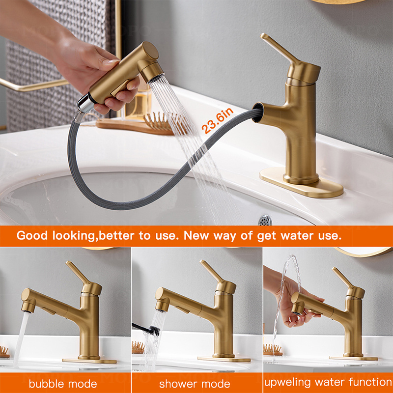 Brass Single Handle Golden Bathroom Sink Tap Wash Basin  Faucet Mixer Pull Out Bathroom Faucet With Sprayer