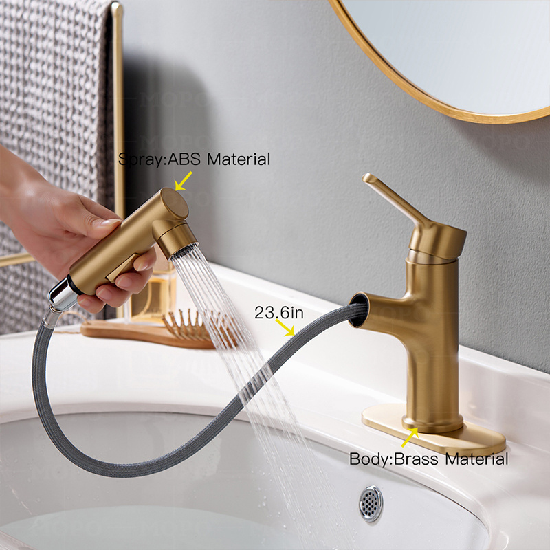 Brass Single Handle Golden Bathroom Sink Tap Wash Basin  Faucet Mixer Pull Out Bathroom Faucet With Sprayer