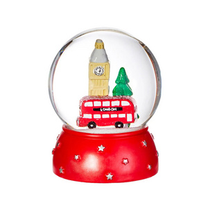 London Glass Snow Globe Ornament  Winter Wonderland Festive Fun Big Ben Red Bus