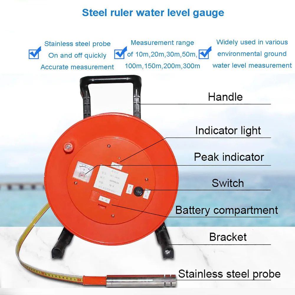 Hot Selling 30m 50m 150m 300m 500m Steel Sounder Alarm Ruler Ground Water Level Water Depth Level Meter with sounder