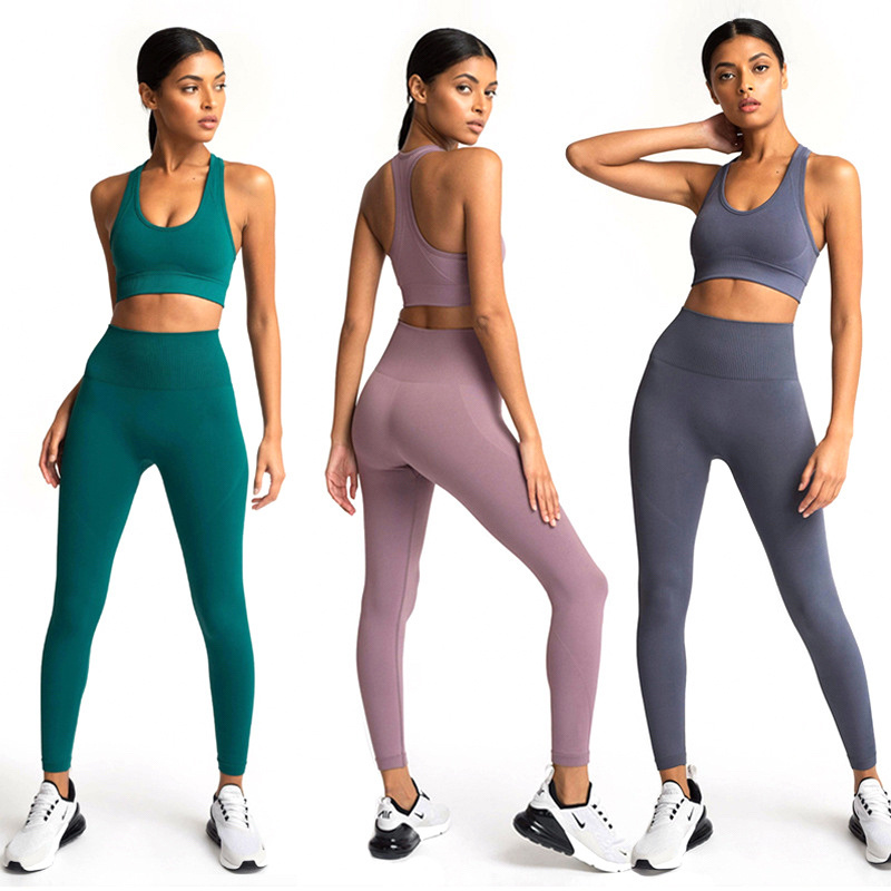 Affordable Hot Sale Sexy Knitted Seamless Gym Wear Yoga Set for Women 2 Pcs Fitness High Waist Athletic Leggings Racer Back Bra