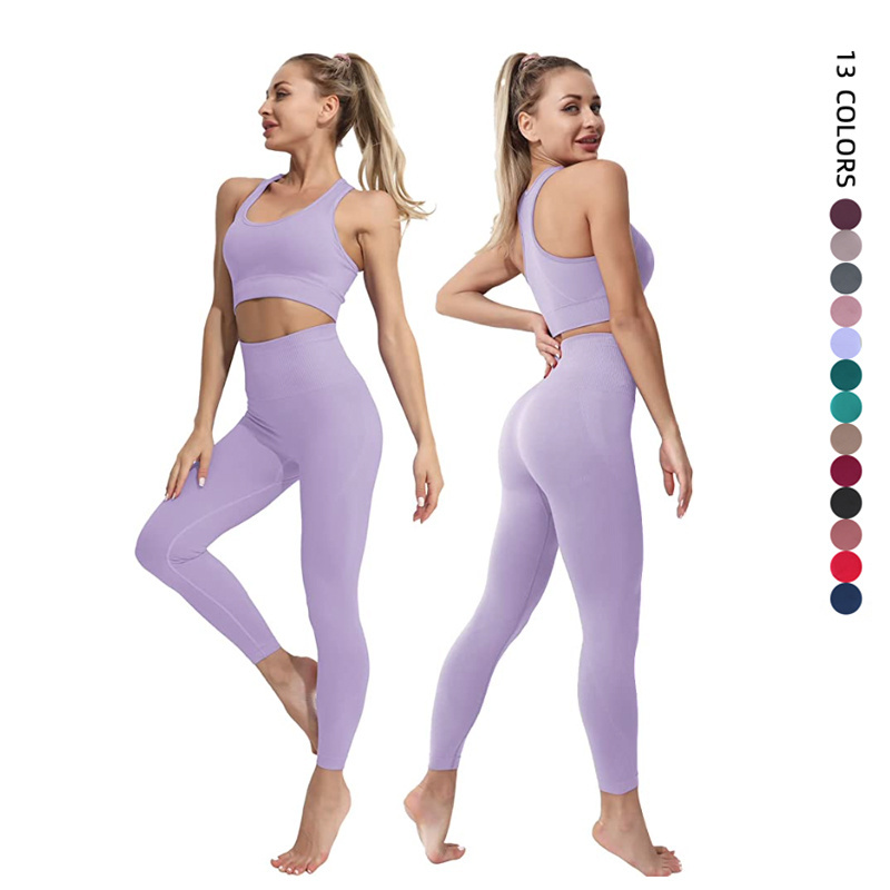 Affordable Hot Sale Sexy Knitted Seamless Gym Wear Yoga Set for Women 2 Pcs Fitness High Waist Athletic Leggings Racer Back Bra