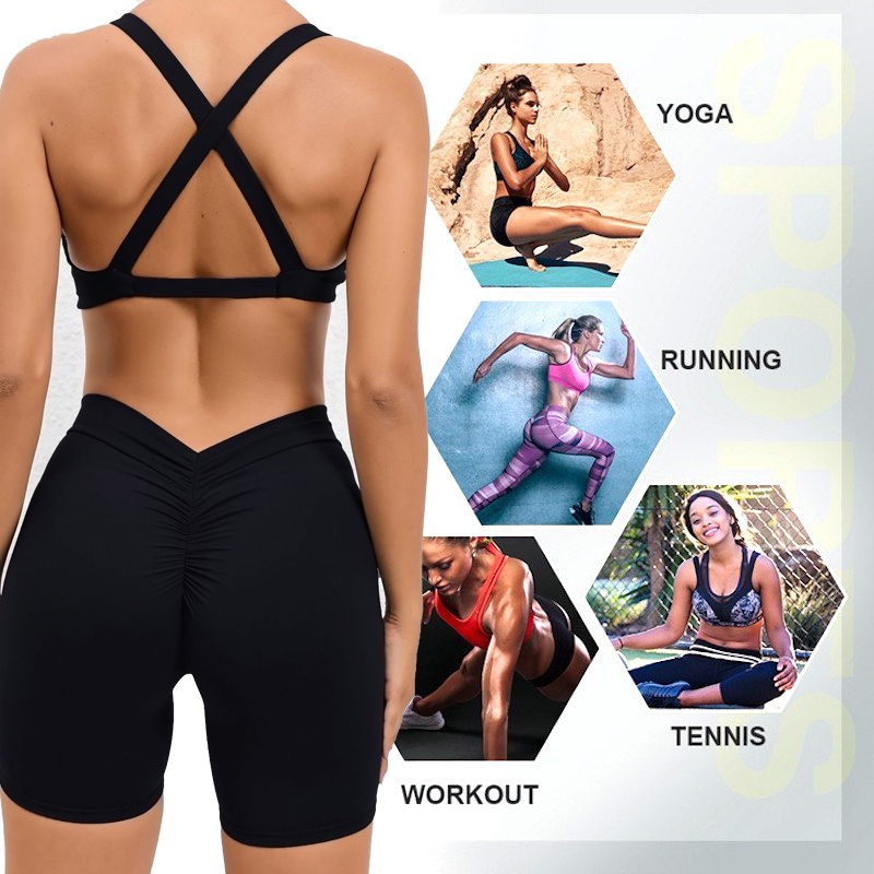 Womens New Brazilian V Back Activewear Workout Sets, Sexy Fashion Twisted Front Gym Bra and Scrunch Butt Shorts Yoga Gym Clothes