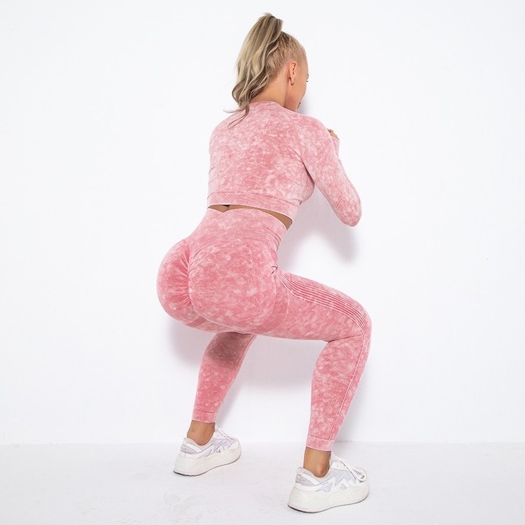 Wholesale Contour Butt ACID Washed Pink Sweat Suits for Woman, Seamless Long Sleeve Crop Tops + Workout Leggings Winter Apparel