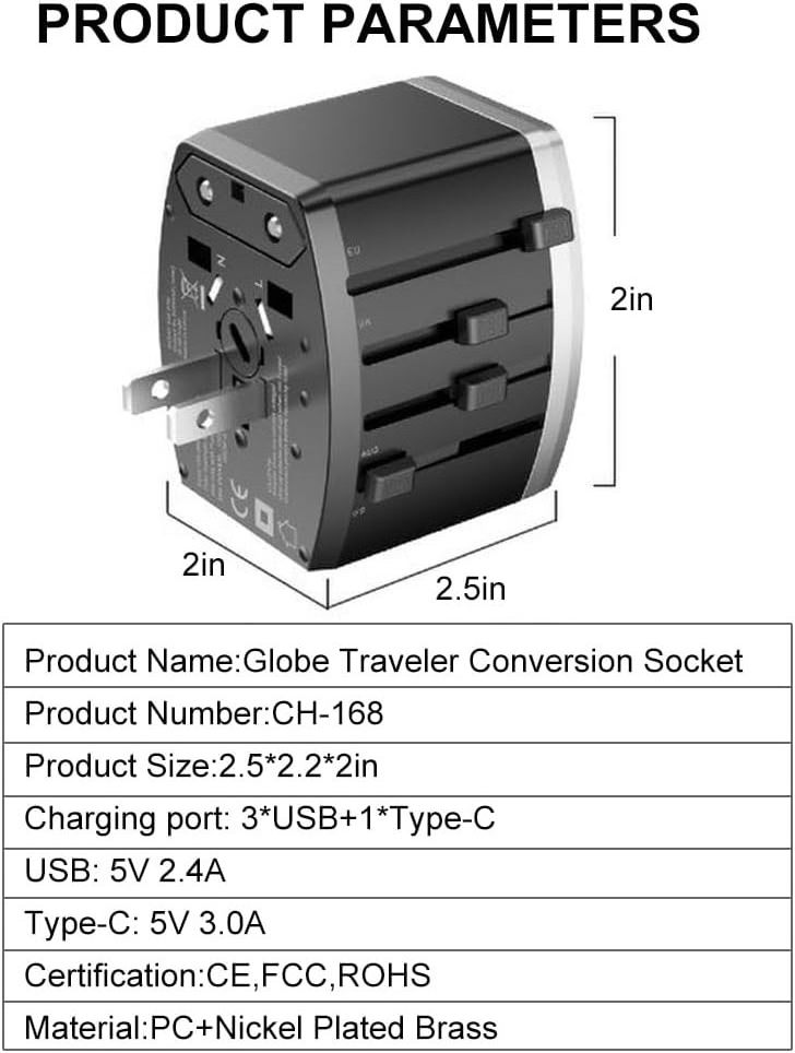 Universal Travel Adapter with 4 USB Ports All in One International Plug Adaptor and Power Charger for Worldwide Use