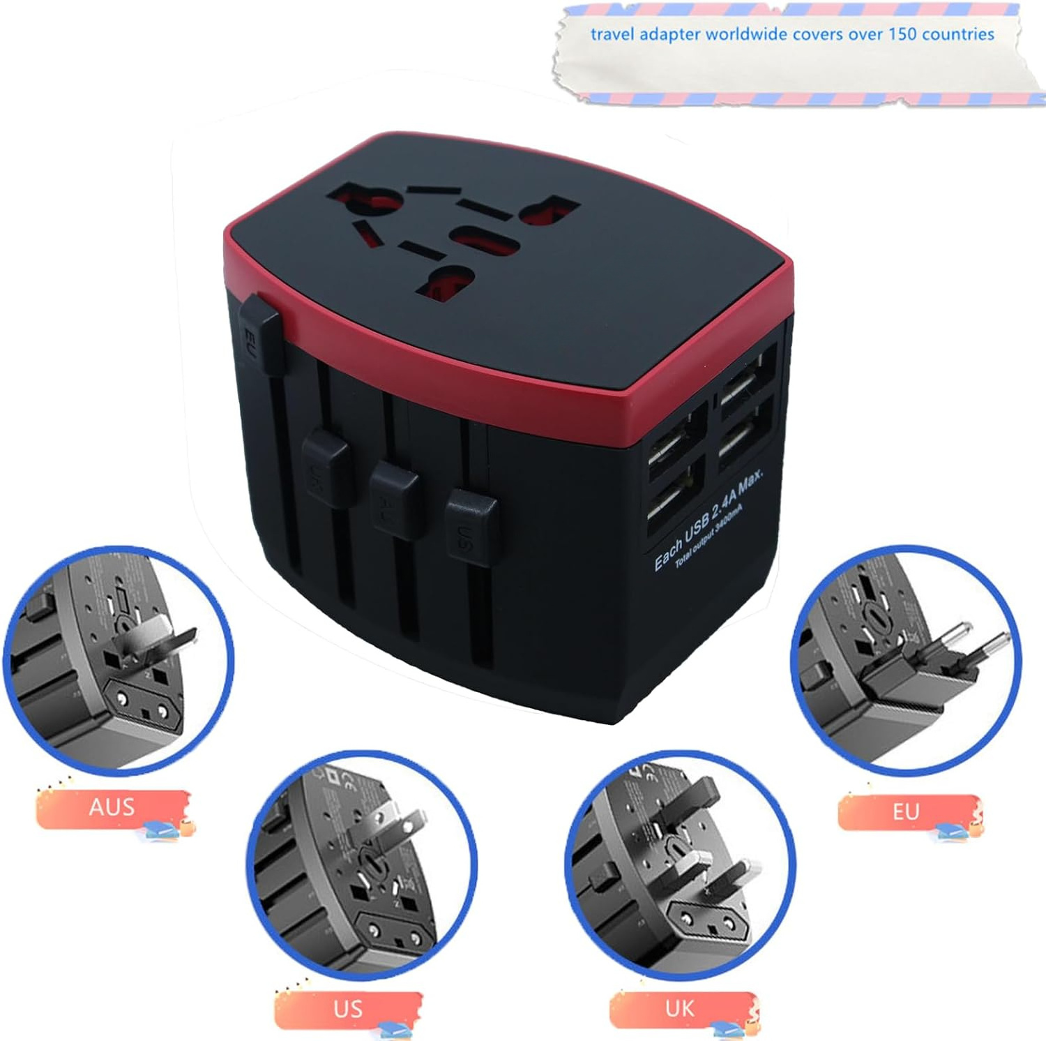 Universal Travel Adapter with 4 USB Ports All in One International Plug Adaptor and Power Charger for Worldwide Use