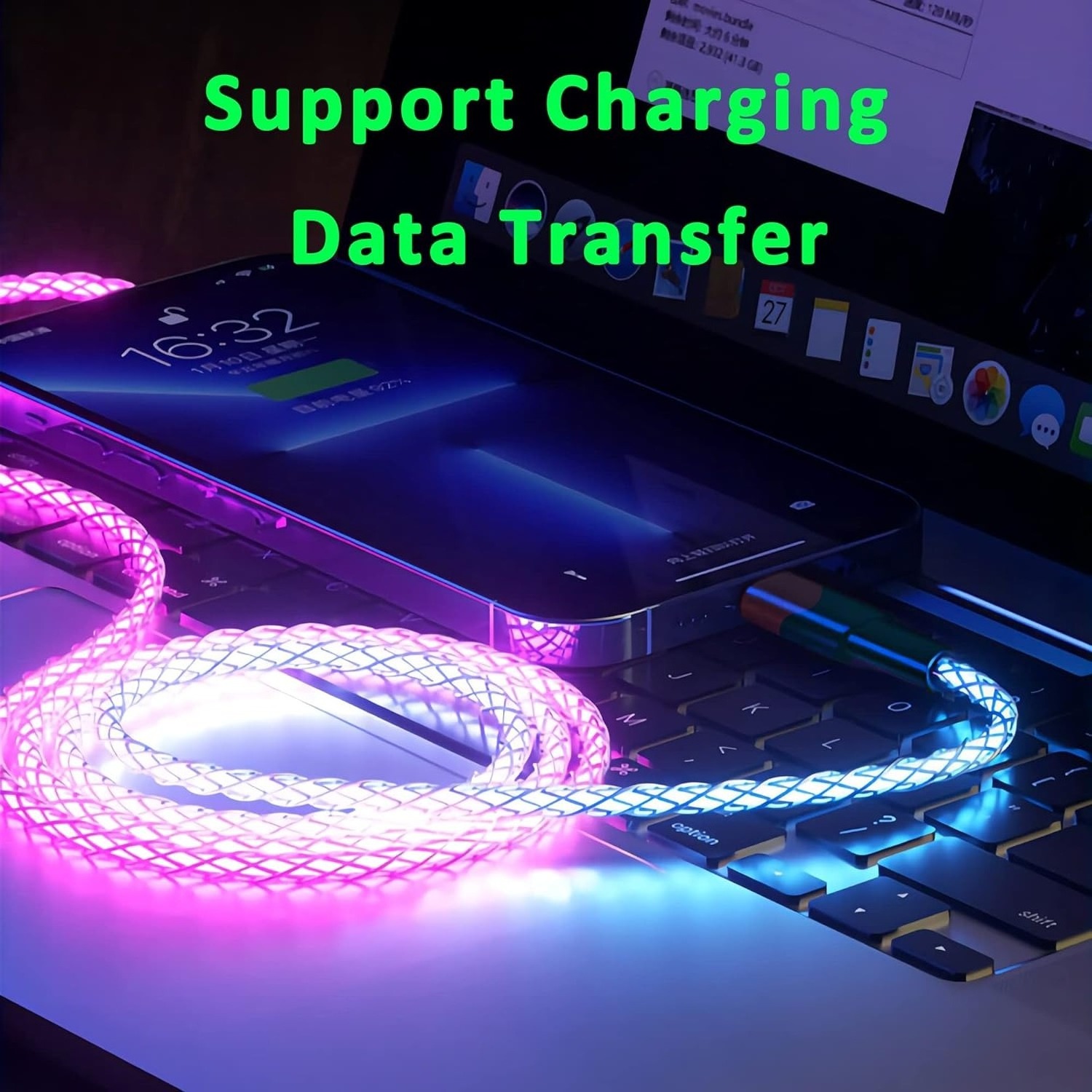 RGB LED Flowing USB Cable 6A Current 100W Fast Charging Breathing Light Type C USB Quick Charge Data Cable