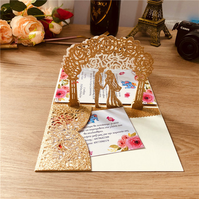 Custom Luxury Glitter Laser Cut 3d Handmade Pop Up Wedding Invitation Card With Envelope