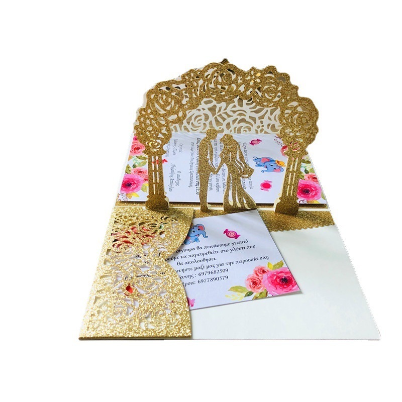 Custom Luxury Glitter Laser Cut 3d Handmade Pop Up Wedding Invitation Card With Envelope