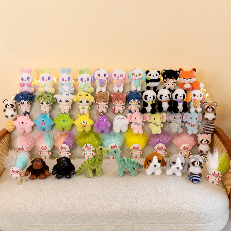 2024 Cute 10cm 12cm 14cm panda plush keychains toys kawaii mini claw machine plush toys soft animals dinosaur