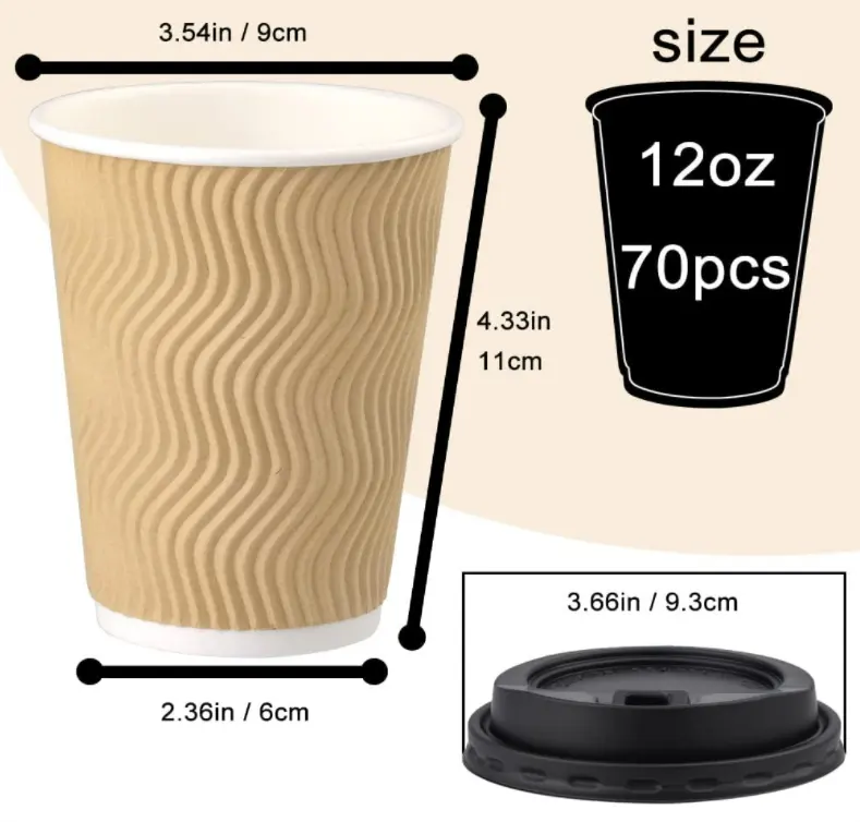 12 oz Disposable Thickened Paper Coffee Cups with Lids and Sleeves, To Go Hot Coffee Cups for Home, Office, Wedding and Cafes