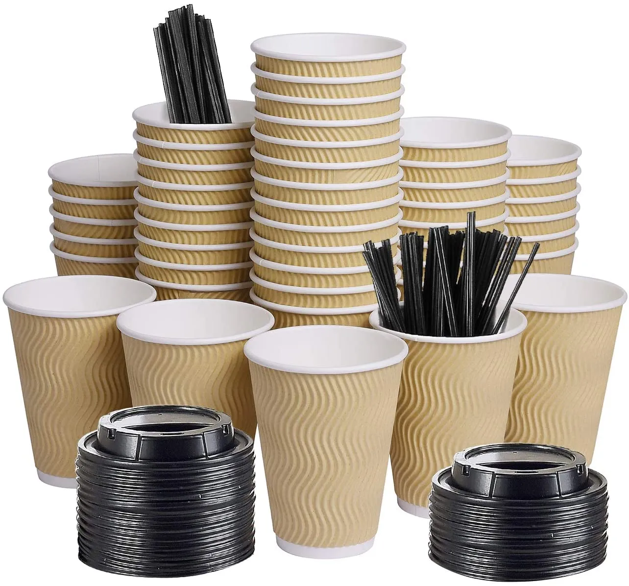 12 oz Disposable Thickened Paper Coffee Cups with Lids and Sleeves, To Go Hot Coffee Cups for Home, Office, Wedding and Cafes