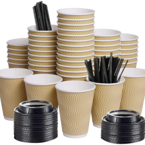 12 oz Disposable Thickened Paper Coffee Cups with Lids and Sleeves, To Go Hot Coffee Cups for Home, Office, Wedding and Cafes