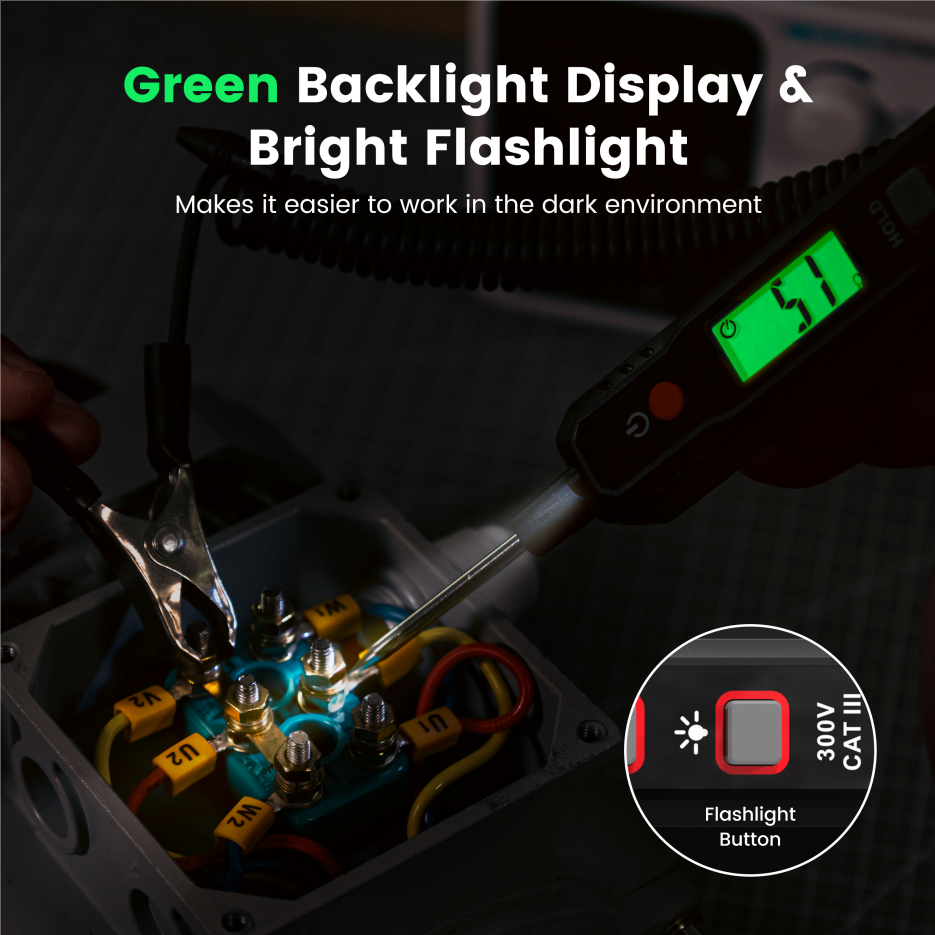 Smart Automotive Circuit Tester Green Backlight Display &Bright Flashlight Appropriate for Various Automobiles and Batteries