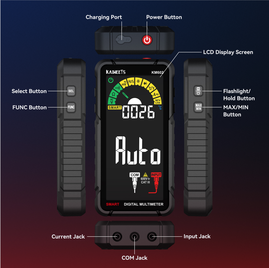 KAIWEETS KM602 Rechargeable 6000 Counts Auto Range Digital Professional Multimeter Easy to Read Easy to Operate