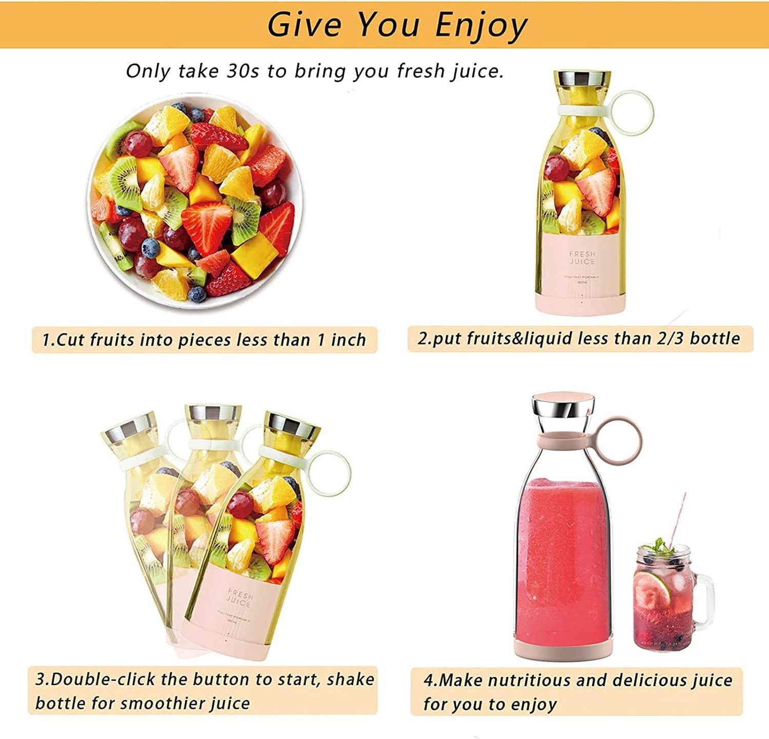 Mini Personal Size Travel USB Blender Smoothies and Shakes Portable Wireless Blender For Fresh Juice