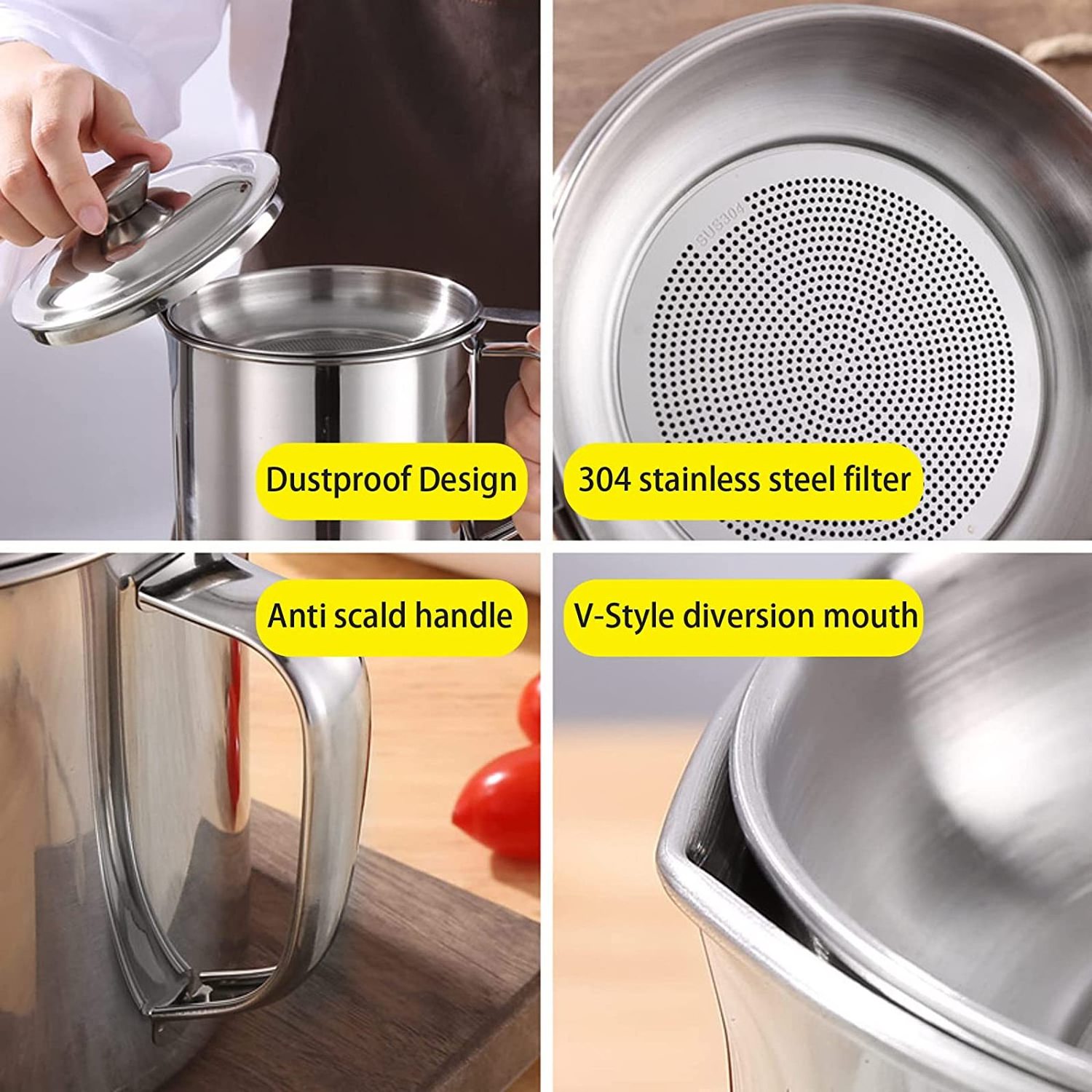 Kitchen Cooking Stainless Steel Food Oil Strainer Pot Grease Can Bacon Grease Container With Strainer