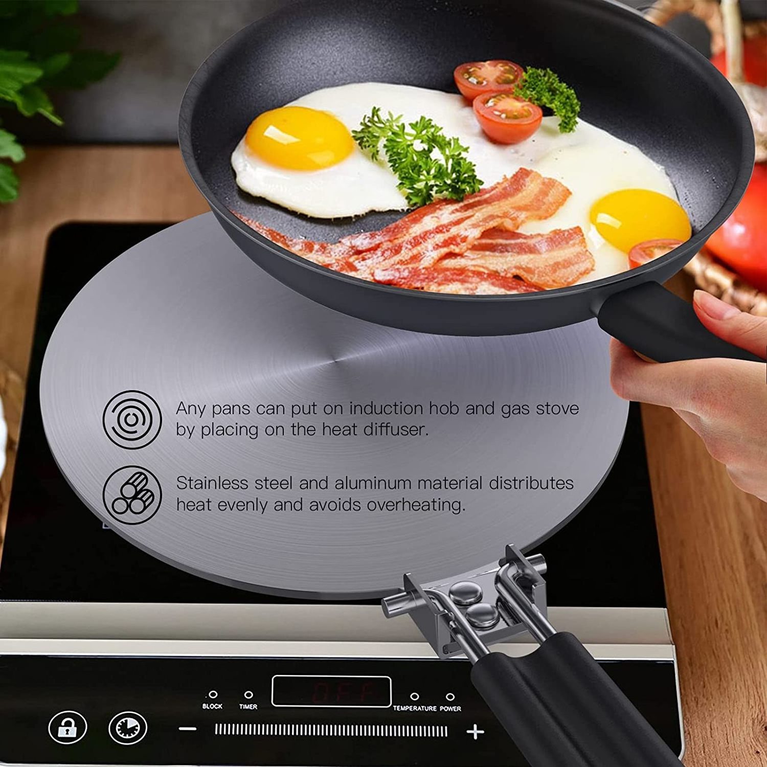 Kitchen Induction Adapter Plate Stainless Steel Simmer Plate with Foldable Handle for Gas Stove Moka Pot