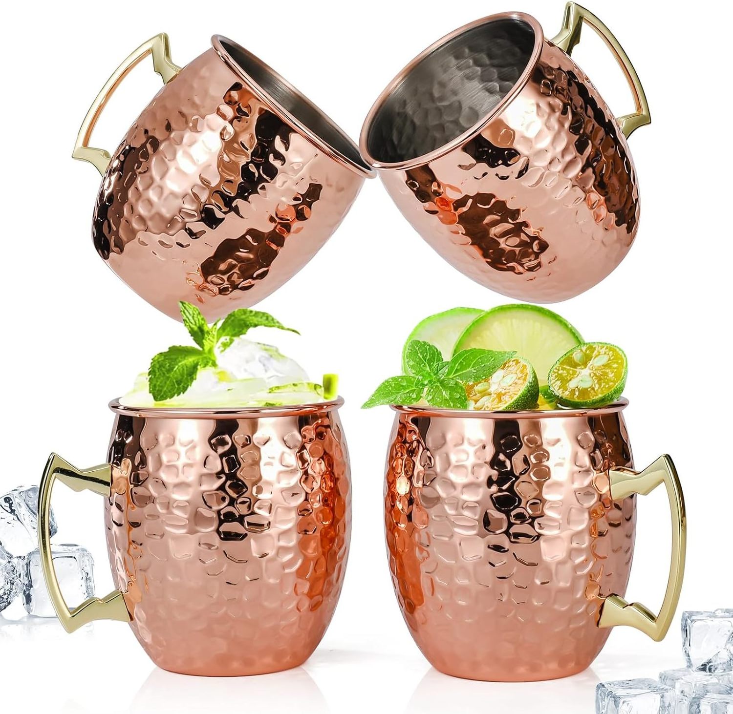 16 oz Hammered Copper Cups Beer Wine Cup Stainless Steel Lining Copper Plated Moscow Mule Mugs Set of 4