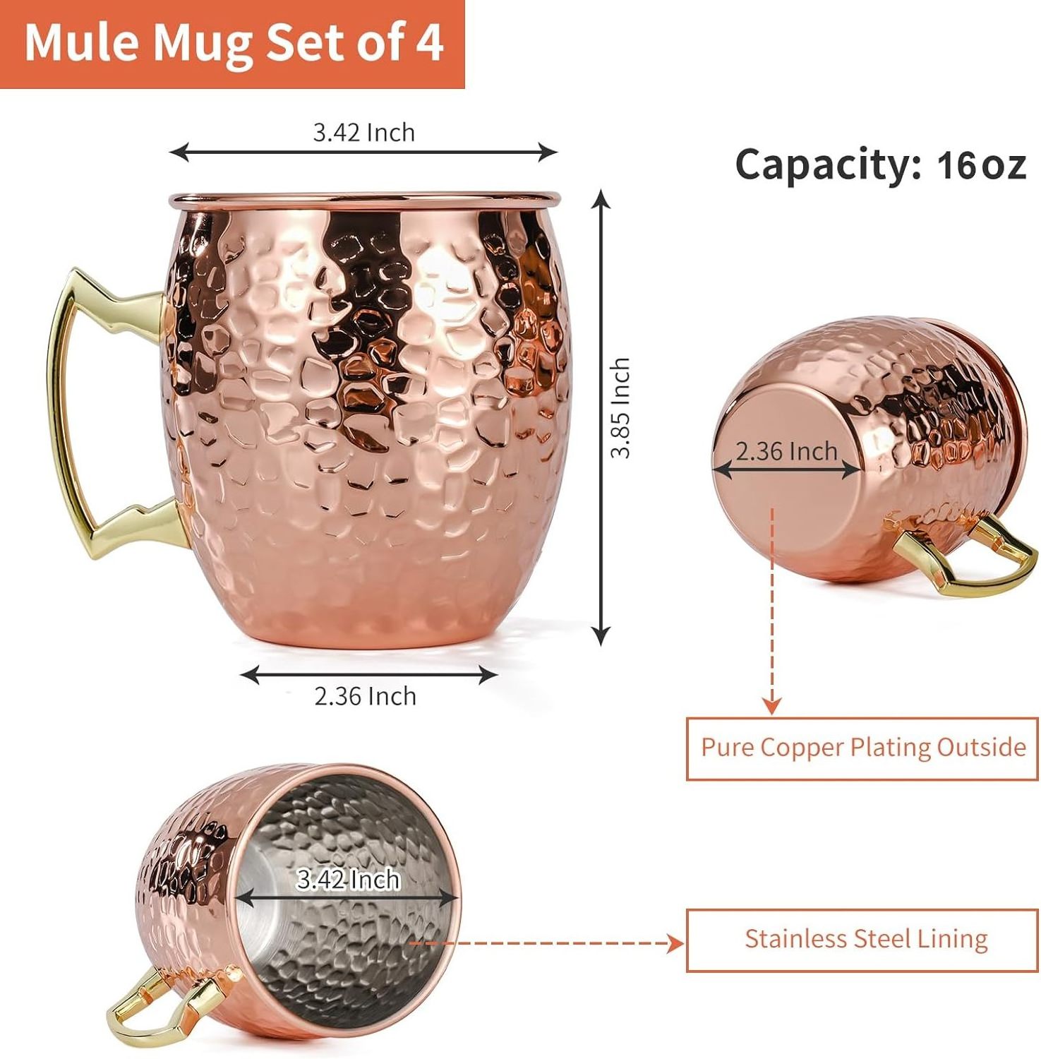 16 oz Hammered Copper Cups Beer Wine Cup Stainless Steel Lining Copper Plated Moscow Mule Mugs Set of 4