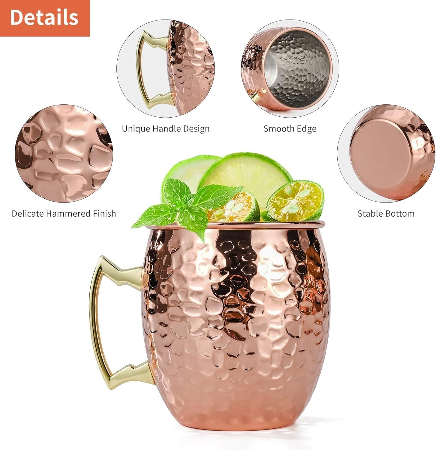 16 oz Hammered Copper Cups Beer Wine Cup Stainless Steel Lining Copper Plated Moscow Mule Mugs Set of 4