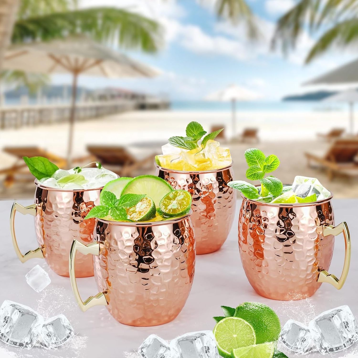 16 oz Hammered Copper Cups Beer Wine Cup Stainless Steel Lining Copper Plated Moscow Mule Mugs Set of 4