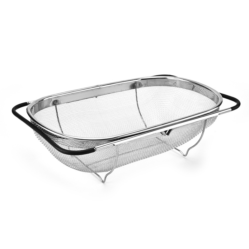 kitchen Stainless steel vegetable fruit mesh extendable over the sink Perforated colander strainer with PP handles