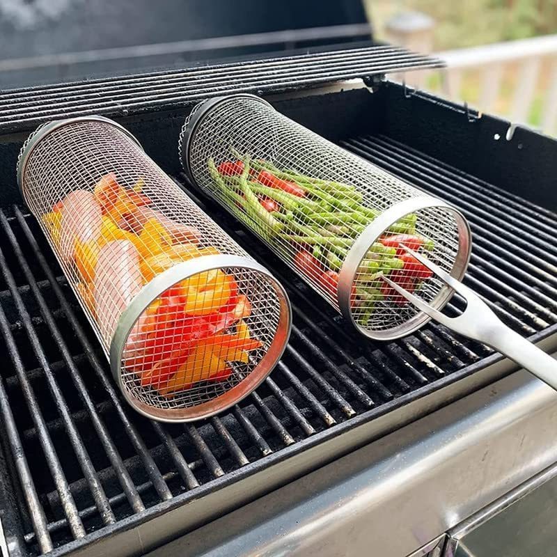 Non-Stick Barbecue Tools Accessories Barbecue Basket Rolling Grilling Baskets For Outdoor Grilling