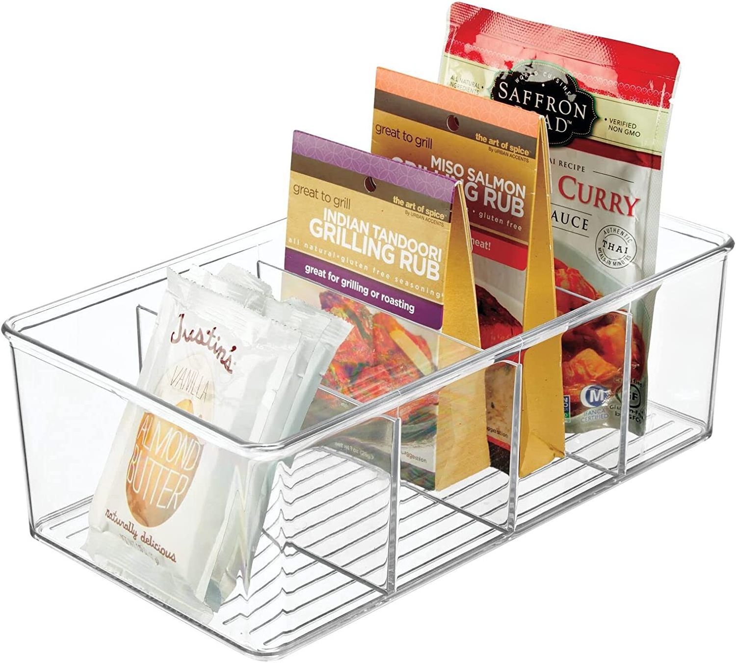 Plastic Divided Kitchen Organizer Bin Container Box 4 Sections Pantry Clear Refrigerator Organizer Bins