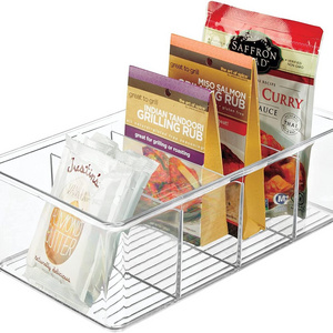 Plastic Divided Kitchen Organizer Bin Container Box 4 Sections Pantry Clear Refrigerator Organizer Bins