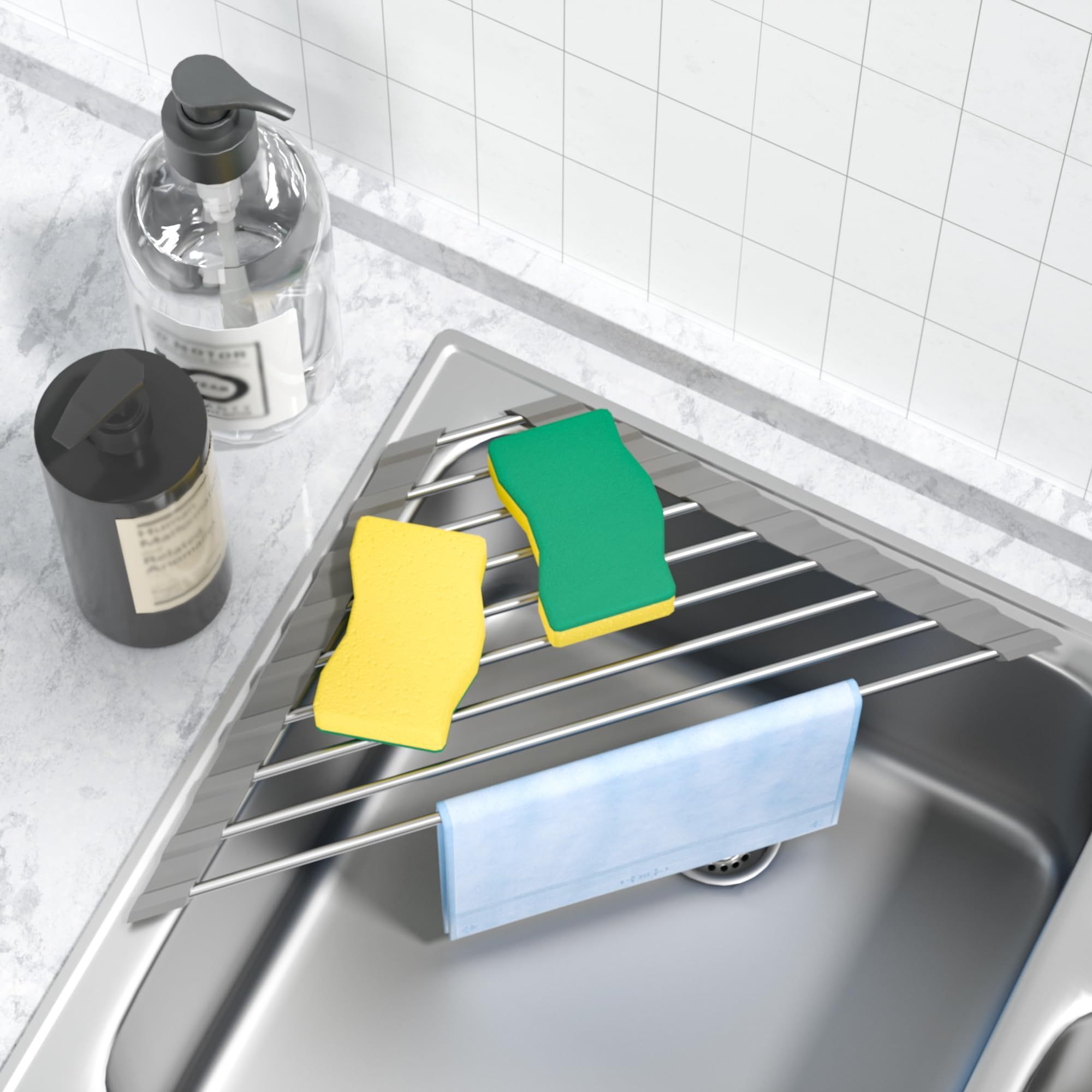 Best Sale Popular Over Sink Modern Stainless Steel Triangle Roll-Up Dish Drying Rack