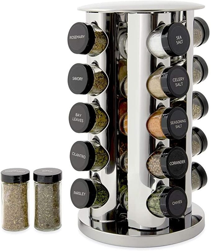 20 Can Countertop Shelf Organizer with Free Spice Refill 5 Years Polished Stainless Steel and Black Lid Spice Jar With Rack