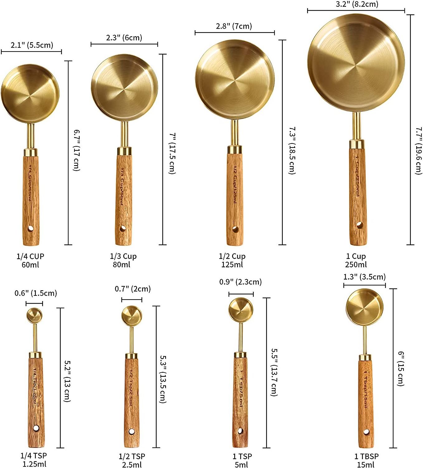 8 Pieces Baking Tea Coffee Spoon Measuring Tools Stainless Steel Gold Measuring Cups