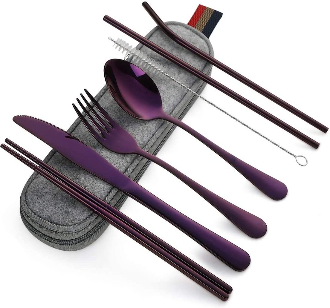 8-Piece including Knife Fork Spoon Chopsticks Cleaning Brush Straws Portable Case Stainless Steel Flatware set