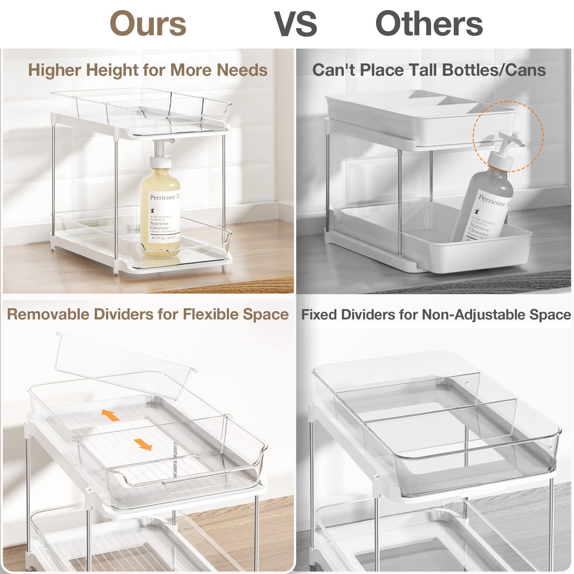 2 level kitchen cabinet storage rack Pull out under sink organizer and store Transparent removable partition