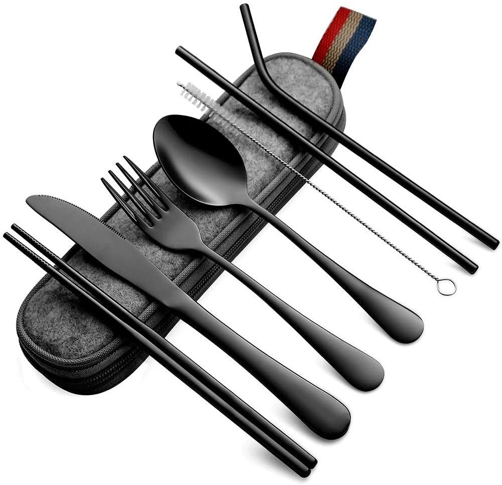 8-Piece including Knife Fork Spoon Chopsticks Cleaning Brush Straws Portable Case Stainless Steel Flatware set