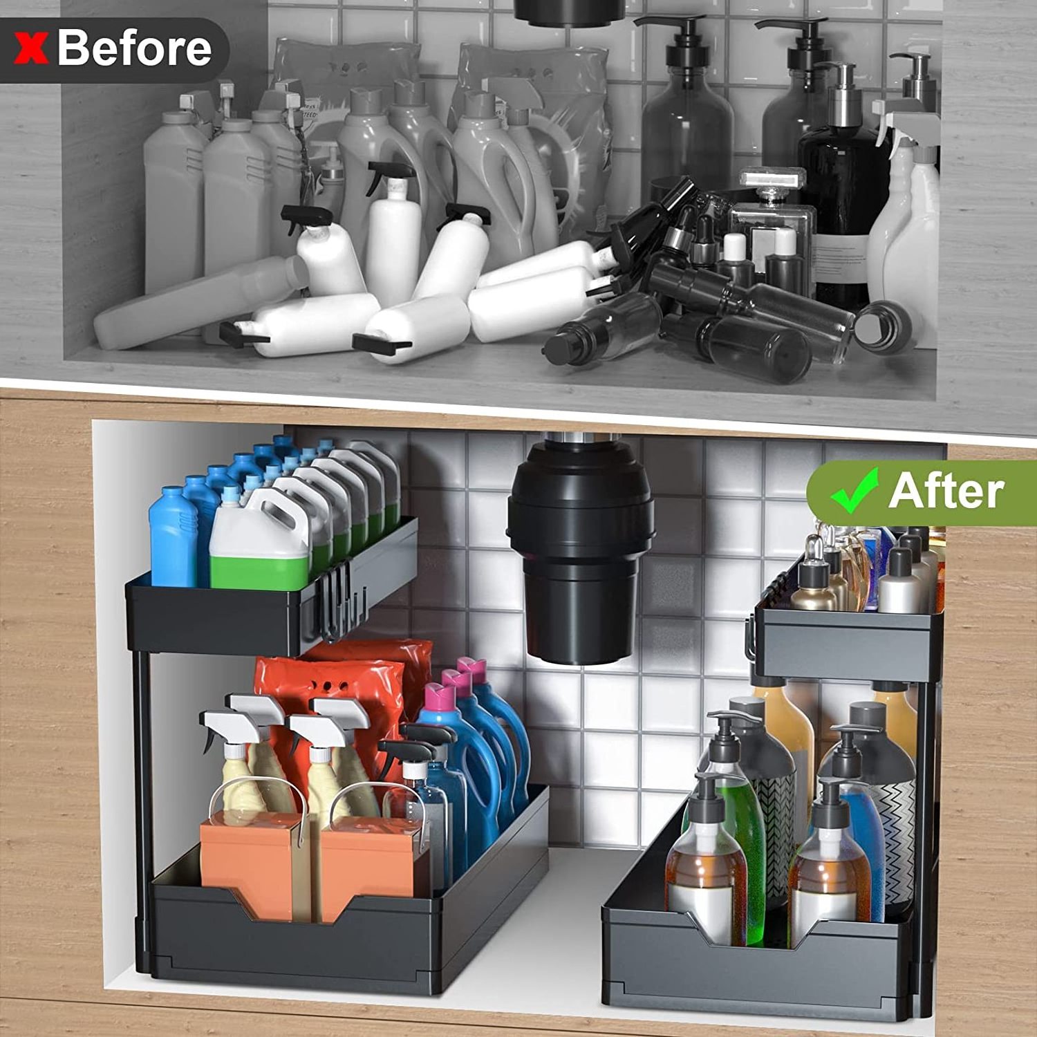 L-shape Kitchen Organization 2-Tier Sliding Cabinet Organizer Under Sink Organizers and Storage